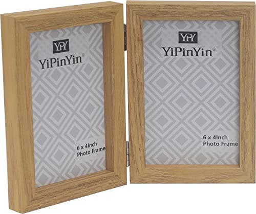 Image of Hinged Double Photo Frame 6x4'',Natural Wood Effect 4x6'' Double Picture Frame,Twins frame with Glass, Primary Wood Grain Color Holds 2 Standard Photoes Foldable,Family Photo Frame 6x4''