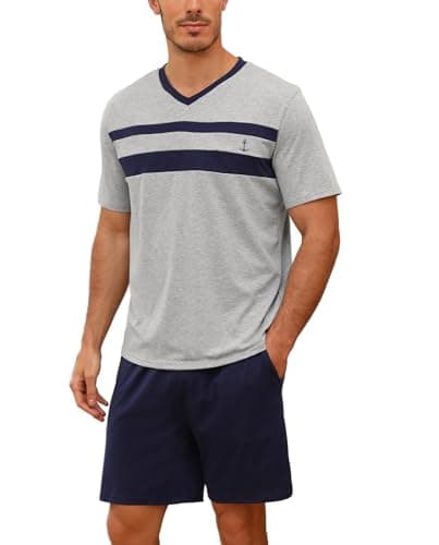 Image of Nieery Mens Pyjamas Short Loungewear Men's Pajamas Set Short Sleeve Soft Cotton Pj's Top and Short for Sleepwear Nightwear with Pockets Grey