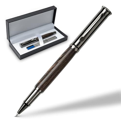 Image of WANDERINGS Rollerball Pen with German Ink – Beautifully Balanced for a Smooth Writing Experience - Gunmetal and Real Wood Barrel - Includes 2 Schmidt Refills in a Giftable Presentation Case