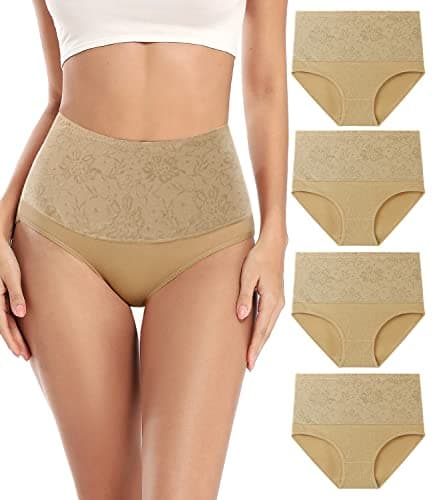 Image of wirarpa Women's Cotton Knickers High Waisted Underwear Ladies Full Back Coverage Briefs Jacquard Panties 4 Pack Beige Size XL