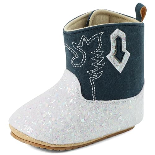 Image of LACOFIA Baby Girls Boots First Walking Shoes Infant Western Cowgirl Boots Bling Bling Bootie with Anti-Slip Soft Sole Navyblue 12-18 Months