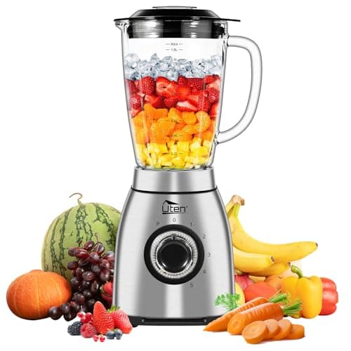 Image of Uten Blender 2L Glass Jug, Smoothie & Food Blender, 5 Speeds, Pulse Function, Kitchen Table Blender with 6 Blades, Stainless Steel Housing, Make Milkshakes, Fruit Juices, Grindable Coffee, 1800W