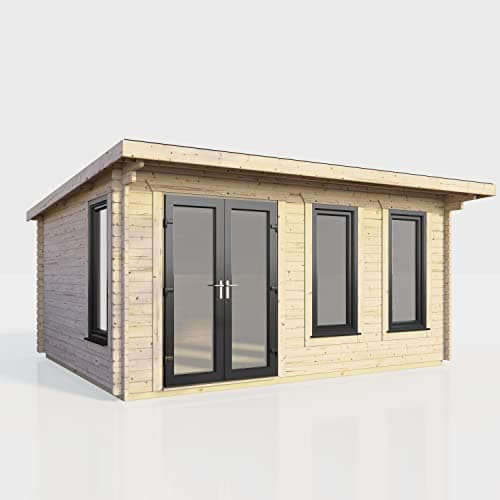 Image of Powersheds High Grade Premium Pent Log Cabin with Double Door, EPDM Rubber Roofing, Door & Window Flexibility, made from Extra Thick Timber & Toughened Glass (Left Orientation Door)