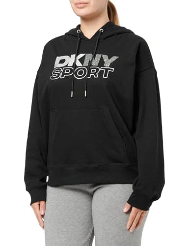 Image of DKNY Womens Foil Rhinestone Logo Hoodie With Kanga Pocket Sweatshirt, Black And Silver, XL UK