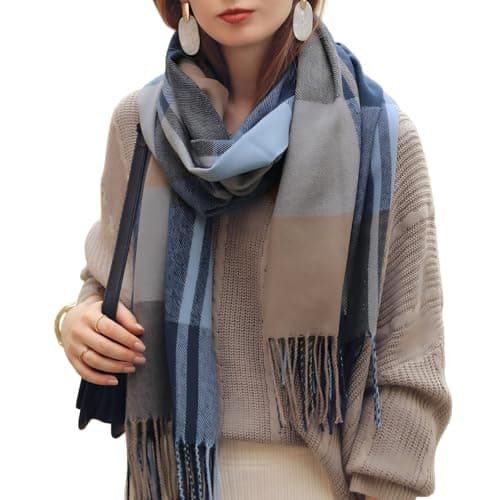 Image of Minicoco Winter Tartan Scarf Long Ladies Scarves Warm Tartan Check Wraps Women Long Plaid Scarves Tassel Shawl Stole Scarves Life Blanket Scarf (65 * 185CM, Blue)