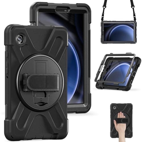 Image of iCatchy for Samsung Galaxy Tab A9 8.7 Inch Case (SM-X110/X115/X117) Heavy Duty Rugged Shockproof Cover Built-in Screen Protector, 360 Degree Rotating Hand Strap Stand for Samsung Tab A9 (Black)