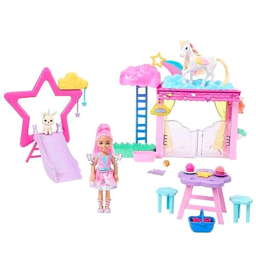 Image of Barbie Chelsea Doll and Baby Pegasus Playset, Winged Horse Toys, A Touch of Magic Set with Stable, Pet Bunny and Accessories, HNT67