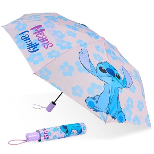 Image of Disney Automatic Umbrella for Adults Teens Kids - Folding Telescopic Umbrella Lightweight Travel School Work - Stitch Gifts (Purple Stitch)