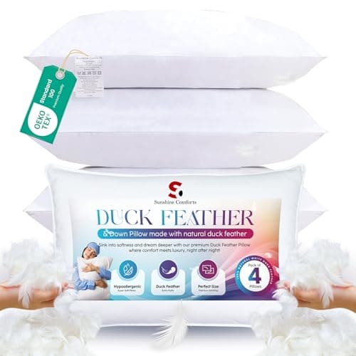 Image of Duck Feather Pillows (4 Pack) – Hotel Quality Bed Pillows for Sleeping (50X75CM) , Soft & Breathable Pillow 1200GSM for Back, Side & Stomach Sleepers – Washable & Anti-Allergenic Comfort
