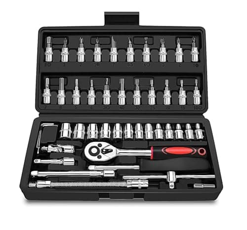 Image of 46 Piece 1/4" Drive Socket Wrench Driver Bits Metric Set Flexible Extension Rods with 72 Teeth Reversible Ratchet Spanner