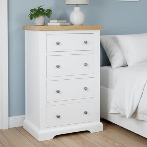 Image of GROF GROFurniture Painted Snow White Chest of Drawers, Solid Built for Bedroom 4 Drawer Tallboy Chest Storage - Slim Narrow Storage Drawers W60x D43x H95cm