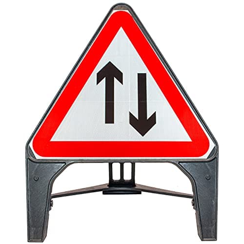 Image of Two Way Traffic 750mm Triangle Road Sign 521 - Plastic Temporary Road Street Traffic Safety Sign for Road and Street Works - Freestanding with Reflective Sign Face