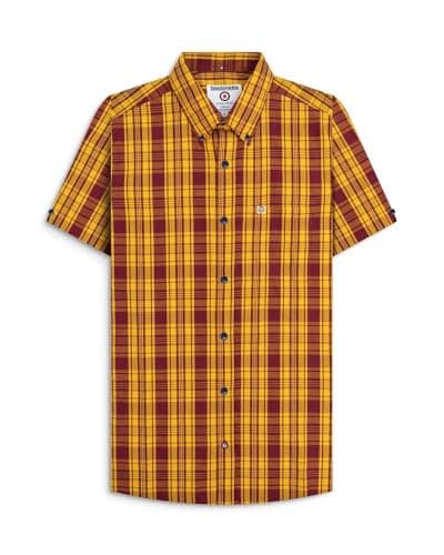 Image of Lambretta Mens Checked Short Sleeved Button Down Shirts (UK, Alpha, XXL, Regular, Regular, Burgundy/Gold)