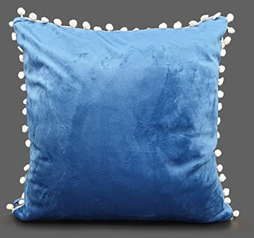 Image of Pom Pom Cushion Cover or Cushion Filled Plush Velvet White Pom Pom 17"x17" (17"x17" Cover Only, Blue)