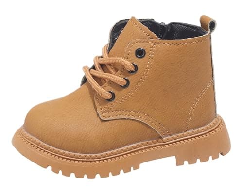Image of FEOYA Toddler Ankle Boots Baby Boots Boy Boots Combat Hiking Boots Kid Soft Heels Lace up Ankle Boot Snow Shoes