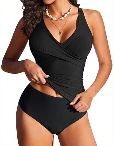 Image of Ekouaer Tankini Sets for Women Tummy Control Swimwear Two Piece Swimming Costume Floral Print Swimsuit Twist Front Bathing Suit, Black XL