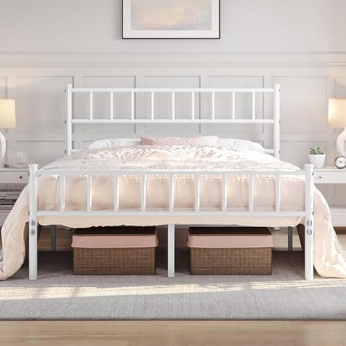 Image of Yaheetech Double Metal Bed Frame 4ft6 Modern Style Bed with Headboard and Footboard, Solid Slatted Bed Base White
