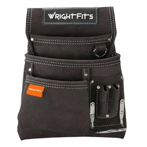 Image of WrightFits Tool Pouches with Multi Pockets | Leather Tool Belt Pouch | Hammer Holder and Nail Pouch Organiser for Builders, Carpenters, Gardeners, Electricians- Dark Brown