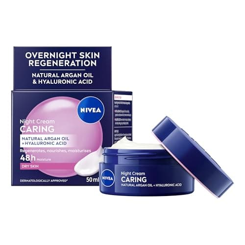 Image of NIVEA Caring Night Face Cream (3 x 50ml), Rich Moisturiser for Sensitive & Dry Skin, Nourishing Night Cream with Hyaluronic Acid and Argan Oil for 48H Moisture