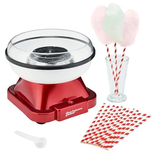 Image of Cooks Professional Retro Edition Candy Floss Maker with Sticks | Carnival Funfair Style Cotton Candy Sweet Machine with Efficient Halogen Heating, Splash Guard & One Button Operation | Red