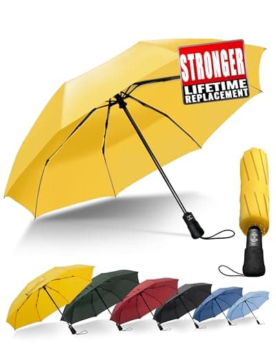 Image of Chakipee Compact Travel Umbrella Windproof Strong- Automatic Folding Umbrellas for Wind and Rain, Portable 210T Fabric 97cm Span - 8 Ribs Yellow Portable Umbrella for Men and Women