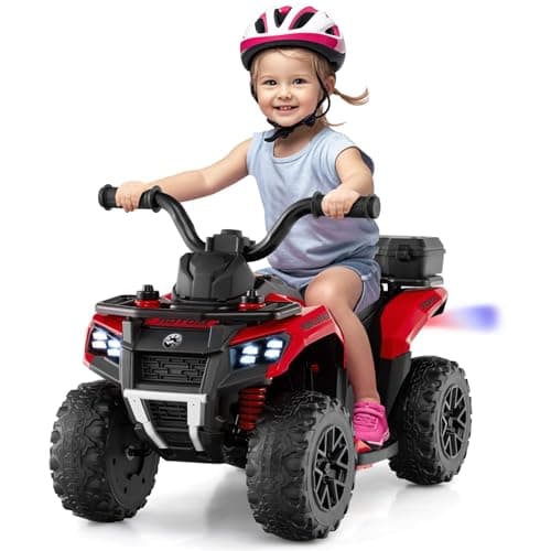 Image of 6V Kids Electric Ride on ATV, Battery Powered Quad Bike with Spray Function, Horn, Music, LED Lights, Storage Basket, Toddler Bench Vehicle Toy for Boys Girls 18+ Months (Red)