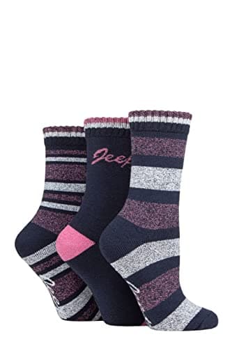 Image of Jeep Ladies Performance Full Cushion Striped Boot Socks Pack of 3 Navy/Rose/Cream 4-8