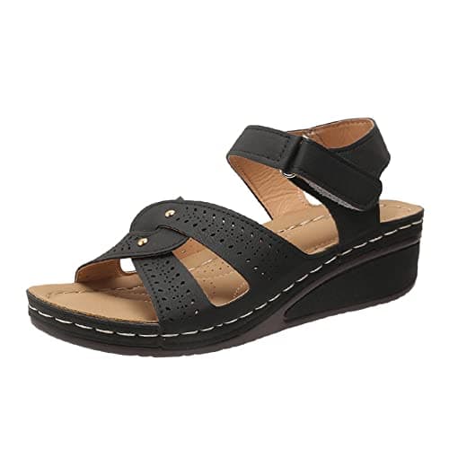 Image of Low Wedge Sandals for Women Lightweight Casual Wide Fit Sandals Hook and Loop Cushioned Stylish Comfortable Walking Sandal Summer Outdoor
