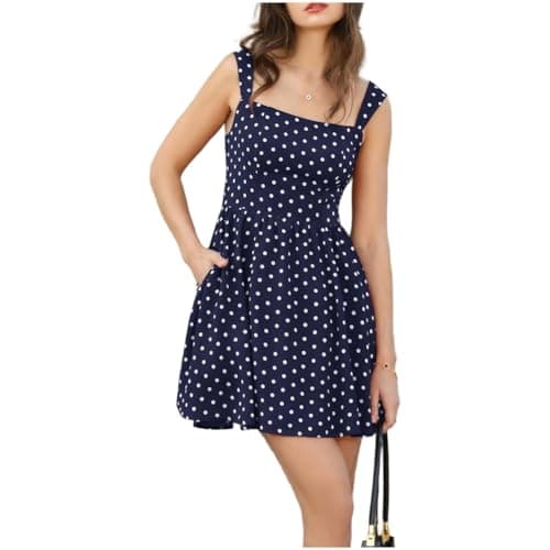 Image of Belle Poque Women Polka Dot Dress Square Neck Wide Straps Smocked Back A Line Flowy Mini Sundress Summer Casual Party Dresses Navy Blue&White Dot XL