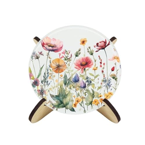 Image of Wildflowers Coaster Set - Round Glass Floral Meadow Gift - Set of Four (4) Drinks Coasters & Wood-Effect Stand