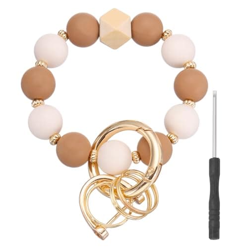 Image of sourcing map Silicone Beaded Wristlet Keychain, Cute Key Ring Bracelet with D Buckle Screwdriver Stretchy Key Wristlet for Women Car Keys Wallets(Brown/White)