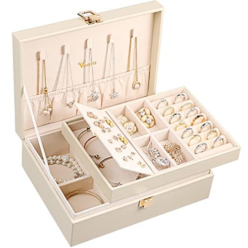 Image of Voova Jewellery Box Organiser for Women Girls, 2 Layers Large Jewelry Storage Case, PU Leather jewlerrying Display Holder with Removable Tray for Necklace Earrings Rings Bracelets, Gifts, Apricot