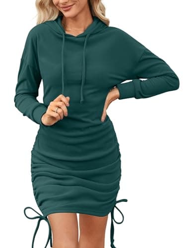Image of Aottori Women Hoodies Dress Ladies Pullover Long Sleeve Sweatshirt Dresses Casual Solid Ruched Thermal Fleece Hooded Tops Dark Green M