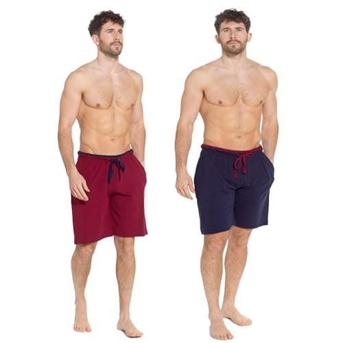 Image of INSIGNIA Mens Twin Pack Pyjamas Cotton Lounge Shorts Bottoms (Wine -Blue Tipped, L)