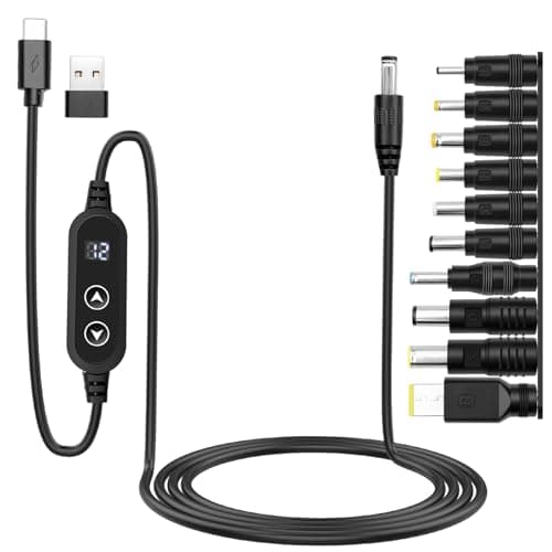 Image of Hoembpn USB PD to DC Power Cable Charger Adapter 5V,9V,12V,15V,20V Adjustable Voltage Type C to DC 5.5 X 2.1mm Plug Universal Charging Power Supply Cord with 10 DC Conversion Heads(1.2m)