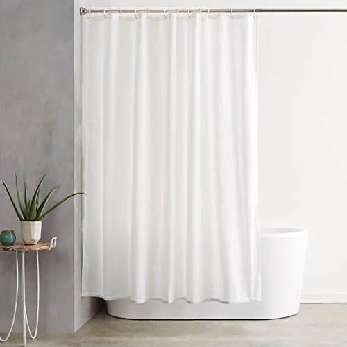 Image of Amazon Basics Shower Curtain with Hooks, Water and Mould Resistant Fabric, Machine Washable Bathroom Curtain, 180 x 200 cm, White