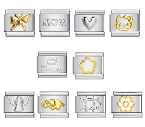 Image of MARJS 10 Mum Mom Heart Gold Butterfly Angel Cat Starter Bundle Silver Italian 9mm Link Stainless Steel Compatible With Modular Bracelet