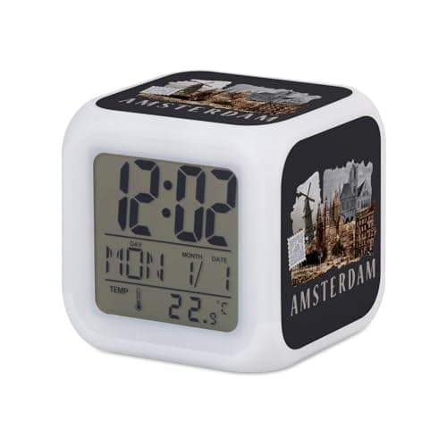 Image of Fabulous Amsterdam Light Up Cube Alarm Clock - Collage Travel Postcard - 8 x 8 x 8 cm - Retro Multi-Coloured LED Lighting