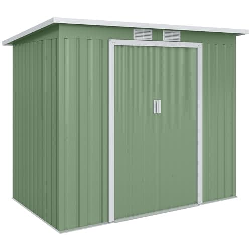 Image of Outsunny 7 x 4ft Metal Garden Shed, Waterproof Galvanised Outdoor Storage Shed with Foundation Kit, Lockable Double Door, Pent Roof and Vents for Patio Equipment Tools, Green