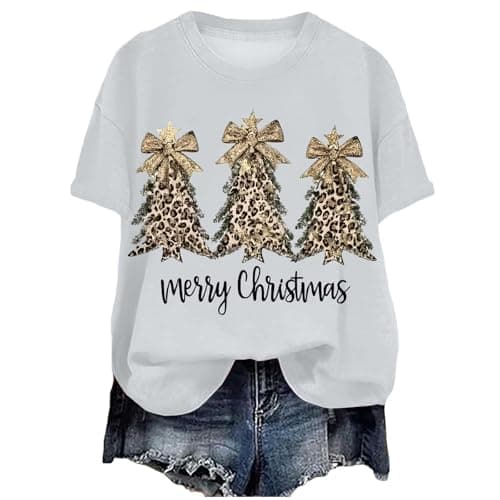 Image of Christmas T Shirt for Womens Funny Festive Printed Blouse Loose Fit Comfortable Xmas Pullover Ladies Short Sleeve Tshirts Christmas Crew Neck Casual Sweatshirts Basic Xmas Printed Tee (White-A, L)