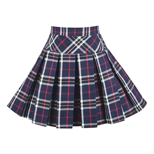 Image of Sunny Fashion Girls Skirt Navy Red Plaid Pleated Elastic School Casual Party Formal Tennis Age 7-8 Years