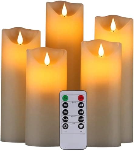 Image of HANZIM LED Candles,Flameless Candles 5"6"7"8"9" Set of 5 Real Wax Battery Candle Pillars, Realistic Dancing Mood Candles and 10 Key Remote Control with 24 Hour Timer Function (Ivory)