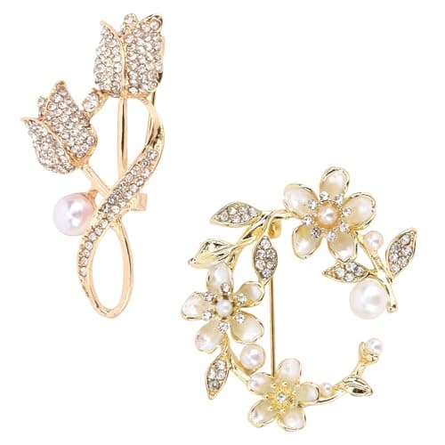 Image of KEUKORZ 2Pcs Gold Flower & Wreath Rhinestone Brooch Set, Crystal Scarf Pin Brooches for Women Ladies Girls, Elegant Badge Pins for Coat Sweater Hat Bag Accessories, Birthday Friendship Gift