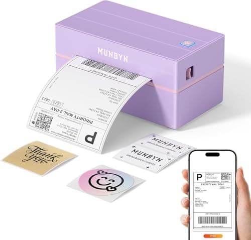 Image of MUNBYN Shipping Label Printer Bluetooth, Postage Thermal Label Printer 4x6 for Business, Compatible with Etsy, Shopify, eBay, Amazon, Royal Mail, DHL, DPD, Evri, with 25 Labels, 130B, Purple