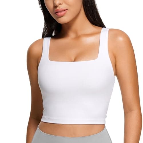 Image of CRZ YOGA Women's Butterluxe Square Neck Sports Bra Padded Wireless Crop Top Gym Workout Tank Tops Camisole with Built in Bra White 12