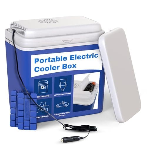 Image of Electric Cool Box 22L – Large Portable Cooler Box Powered by 12V In-Car Socket – Ideal for Camping & Picnics – One Active Lid, One Passive Lid, Includes 2 Ice Packs