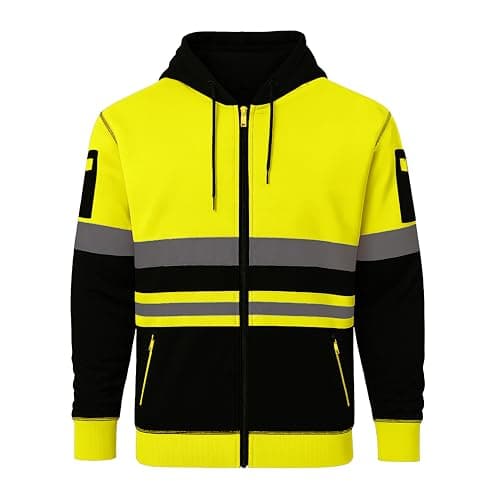 Image of Hi Vis Hoodie Jacket – High Visibility Fleece Zipped Sweatshirt with Hood – Safety Workwear EN ISO 20471 – Orange/Navy, Yellow/Navy, Orange/Black, Yellow/Black – S to 3XL