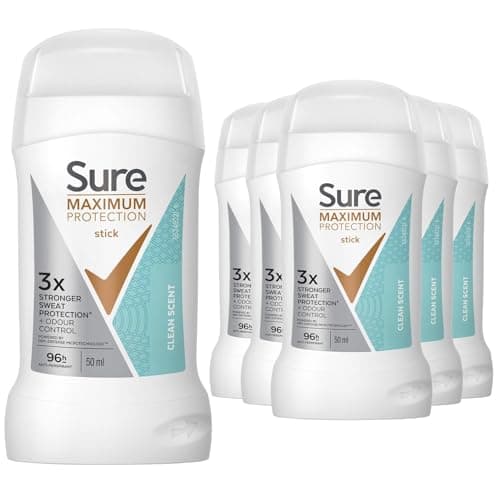 Image of Sure Men Maximum Protection Clean Scent 50ml, 6 Pack - Clinical Strength Anti-Perspirant Cream Stick for 96H Sweat Protection, Dermatologically Tested Formula
