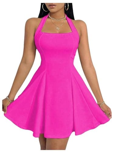 Image of GORGLITTER Women's Halter A Line Mini Dress Sleeveless High Waist Swing Party Cocktail Dresses Hot Pink X-Small