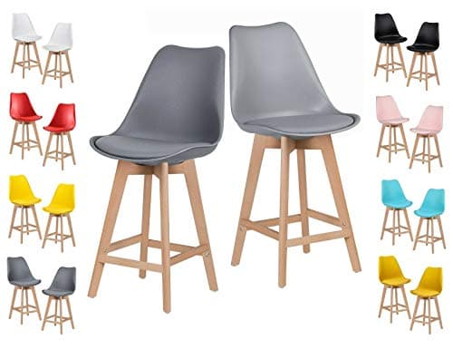 Image of DS Bar stool Plastic seat with PU cushion Bar, kitchen breakfast, wooden legs (Steel Grey, 1)